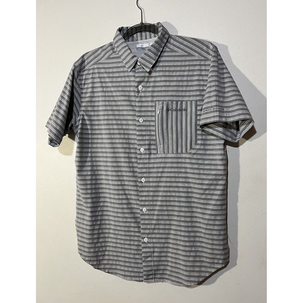 Columbia Omni-Shade Button Up Mens Small Gray Striped Vented Hiking Golf Shirt